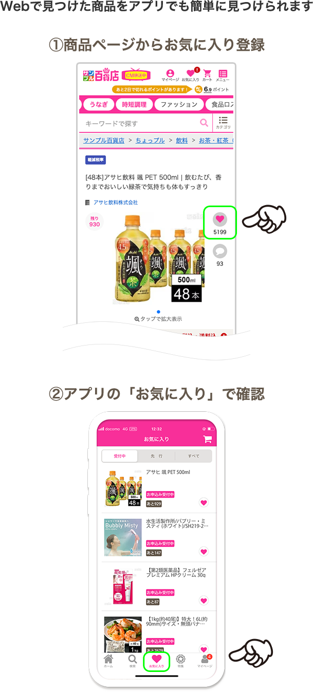 Webで見つけた商品をアプリでも簡単に見つけられます ①商品ページからお気に入り登録 ②アプリの「お気に入り」で確認