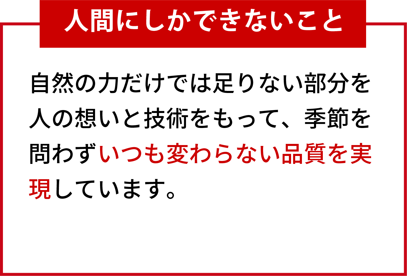 人間にしかできないこと 自然の力だけでは足りない部分を人の想いと技術をもって、季節を問わずいつも変わらない品質を実現しています。