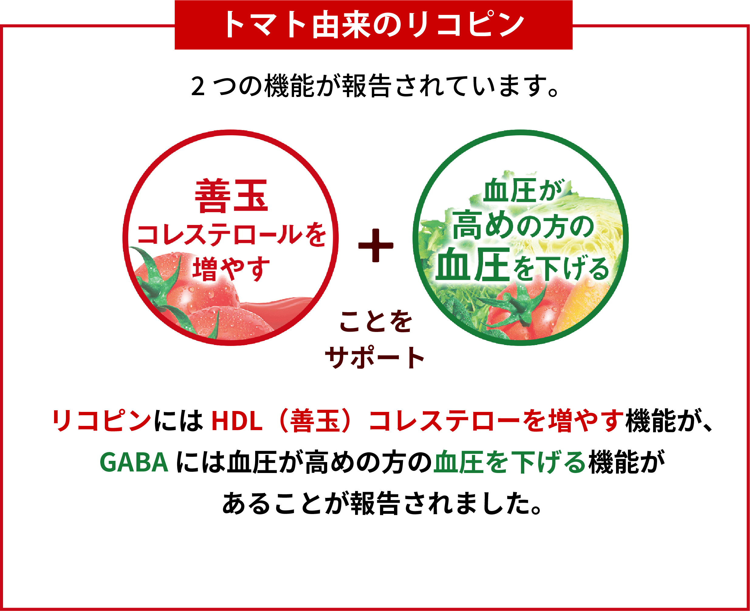 トマト由来のリコピン 「善玉コレステロールを増やす」「血圧が高めの方の血圧を下げる」ことをサポート