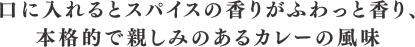 口に入れるとスパイスの香りがふわっと香り、本格的で親しみのあるカレーの風味