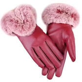 【レッド】スマホ対応！PUレザーフェイクファー手袋