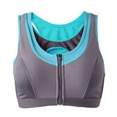 【グレー×ブルー（サイズS）】フロントファスナー スポーツブラ