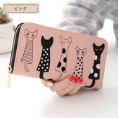 【ピンク】フロントの猫イラストがかわいいラウンドファスナー長財布