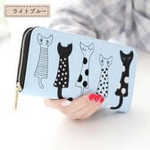 【ライトブルー】フロントの猫イラストがかわいいラウンドファスナー長財布