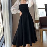 【ブラック】パフスリーブ フレアワンピース