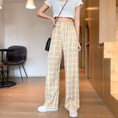 【キャメル】チェック柄 ウエストゴムストレートパンツ