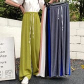 【グリーン】ウエストゴムリラックスワイドパンツ