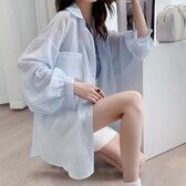 【ライトブルー】シャツカーディガン 透け感ボーダー