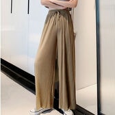 【カーキ】ウエストゴム ラメプリーツワイドパンツ