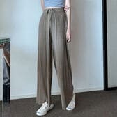 【グレー】ウエストゴム ラメプリーツワイドパンツ