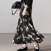 【ブラック】花柄 ロングフレアスカート