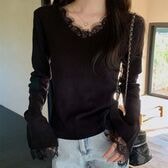 【ブラック】レース切り替えニットセーター