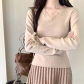 【ベージュ】レース切り替えニットセーター