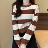 【ホワイトブラウン】ボーダー柄ニット