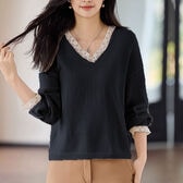 【ブラック】レース切り替え Vネックニットトップス