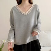 【グレー】レース切り替え Vネックニットトップス