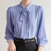 【ブルー/Lサイズ】リボン付きシャツラウス