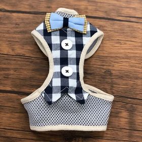 ブルー×チェック【Mサイズ】リード付きペットハーネス