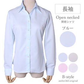 【3L/ブルー】開襟　レディースシャツ 長袖 | 地模様のストライプが爽やかなシャツ・ブラウス。就活やオフィスに最適！