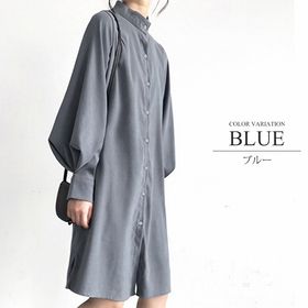 ブルーM】バルーンスリーブシャツワンピースを税込・送料込でお試し