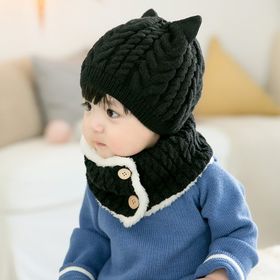 【ブラック】猫耳 帽子 ニット帽  スヌード セット ベビー ネックウォーマー 子ども 防寒