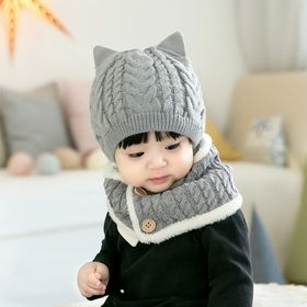 【グレー】猫耳 帽子 ニット帽  スヌード セット ベビー ネックウォーマー 子ども 防寒