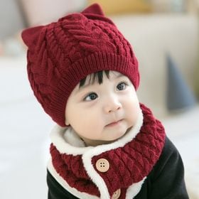 【ワイン】猫耳 帽子 ニット帽  スヌード セット ベビー ネックウォーマー 子ども 防寒
