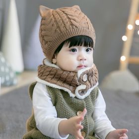 【ブラウン】猫耳 帽子 ニット帽  スヌード セット ベビー ネックウォーマー 子ども 防寒