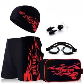 【レッドショート・2XL】メンズ 水着 5点セット フィットネス スイミングゴーグル スイムキャップ