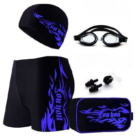 【ブルーショート・3XL】メンズ 水着 5点セット フィットネス スイミングゴーグル スイムキャップ