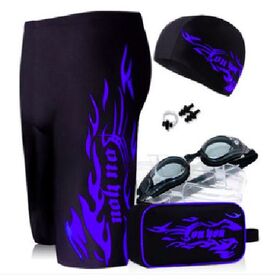 【ブルー・4XL】メンズ 水着 5点セット フィットネス スイミングゴーグル スイムキャップ
