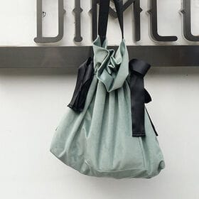 【グリーン】リボン巾着ベロアトート