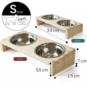 【Sサイズ／ナチュラル】ペット用食器＆食器スタンド セット　ダブル