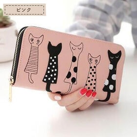 【ピンク】フロントの猫イラストがかわいいラウンドファスナー長財布 | 猫 雑貨 レディース  大容量 収納 かわいい ネコ デザイン