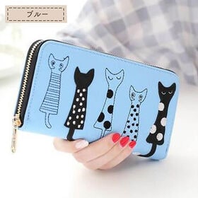 【ブルー】フロントの猫イラストがかわいいラウンドファスナー長財布 | 猫 雑貨 レディース  大容量 収納 かわいい ネコ デザイン