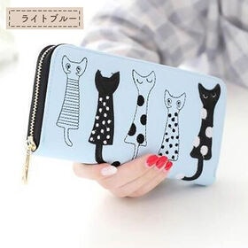 【ライトブルー】フロントの猫イラストがかわいいラウンドファスナー長財布 | 猫 雑貨 レディース  大容量 収納 かわいい ネコ デザイン