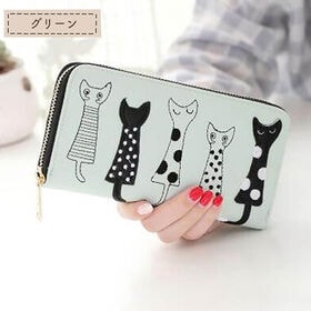 【グリーン】フロントの猫イラストがかわいいラウンドファスナー長財布