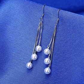 【シルバー】揺れるロングパール3連 フックピアス