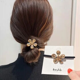 【キャメル】キラキラフラワーモチーフ  ヘアゴム