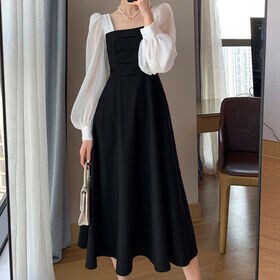 【ブラック】パフスリーブ フレアワンピース