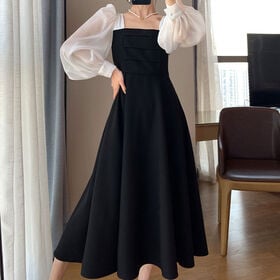 【ブラック】パフスリーブ フレアワンピース