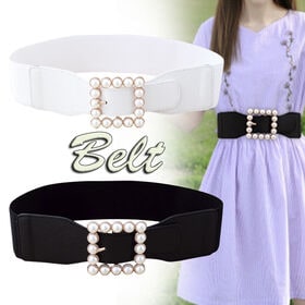 【ブラック】フェイクパール 幅広ゴムベルト