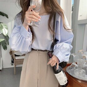 【ブルー】スクエアネックパフスリーブブラウス（長袖）