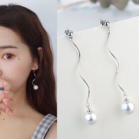 【シルバー】パールロングピアス（ウェーブ）