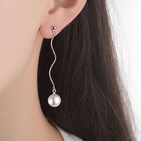 【シルバー】パールロングピアス（ウェーブ）