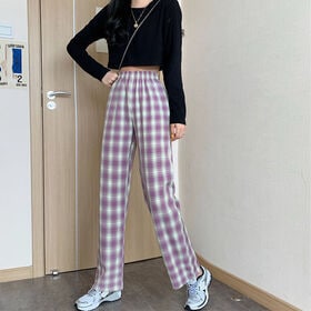 【パープル】チェック柄 ウエストゴムストレートパンツ