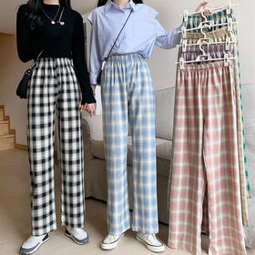 【パープル】チェック柄 ウエストゴムストレートパンツ