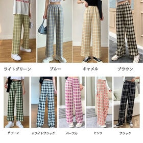 【パープル】チェック柄 ウエストゴムストレートパンツ