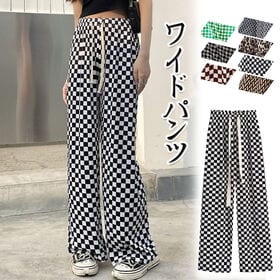 【タイプB/キャメル】ウエストゴム 柄ワイドパンツ