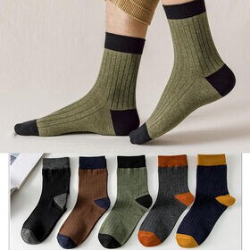 【グリーン】バイカラーメンズソックス（クルー丈）